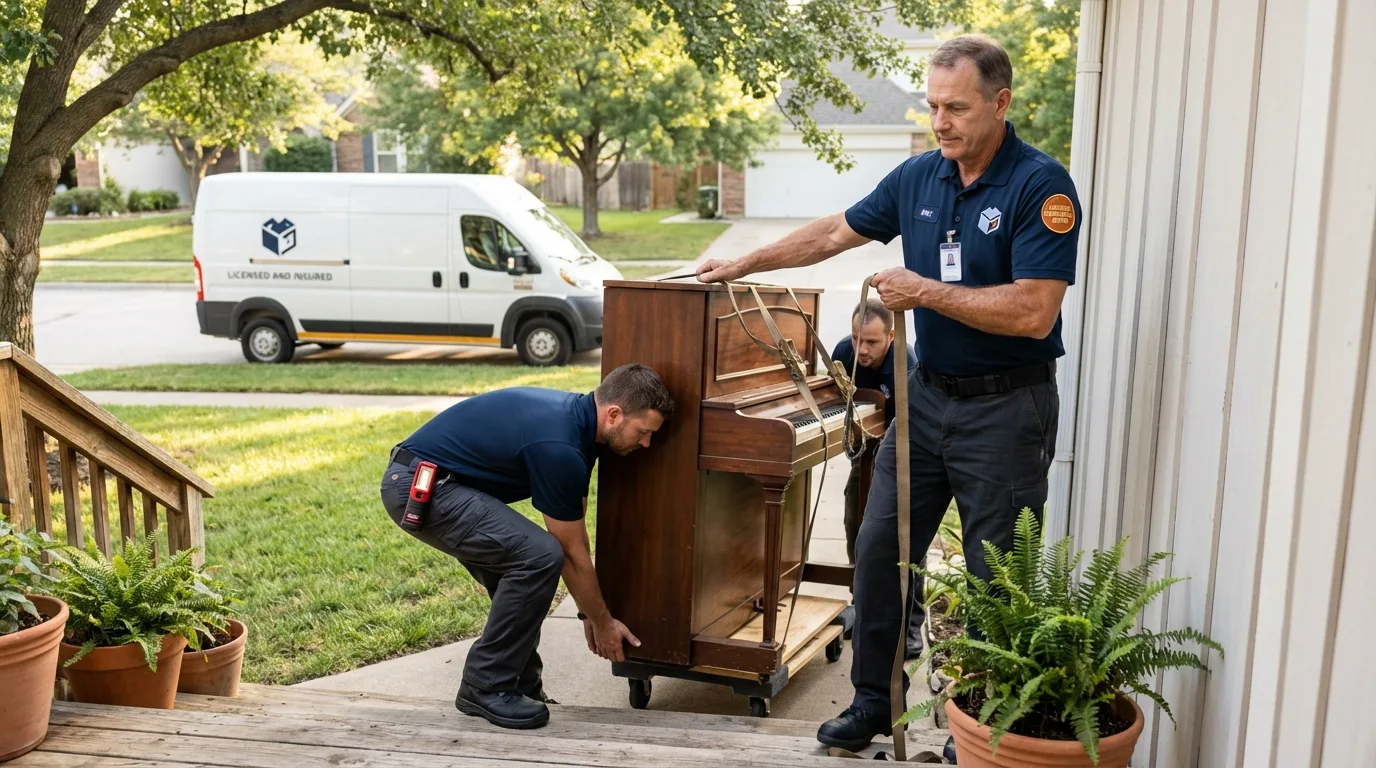Licensed piano movers securing grand piano in Ellenton, FL